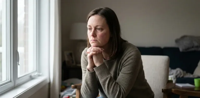Woman sitting indoors, looking out a window with a pensive expression, hands clasped, in a home.