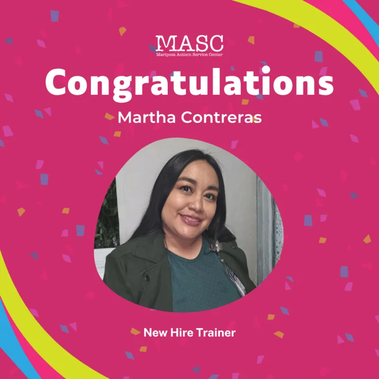 MASC congratulations graphic for Martha Contreras, New Hire Trainer, with confetti and portrait on pink background