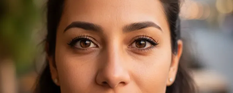 Close-up of a person's eyes, brown eyes with dark lashes and brows; neutral expression.