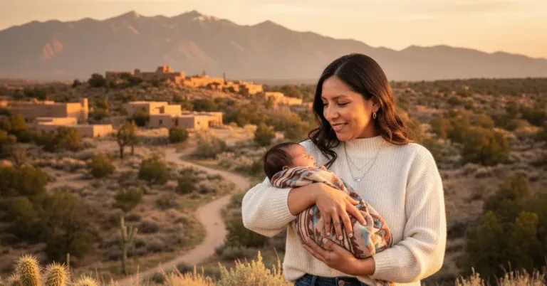 Woman holding newborn in landscape with mountains and pueblo buildings.