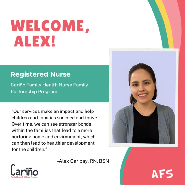 A recruitment graphic featuring Alex Garibay, a nurse at Cariño Family Health, with a quote about supporting families.