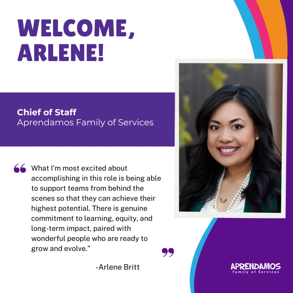 Welcome announcement for Arlene Dritt, Chief of Staff at Aprendamos Family of Services, featuring her professional photo.