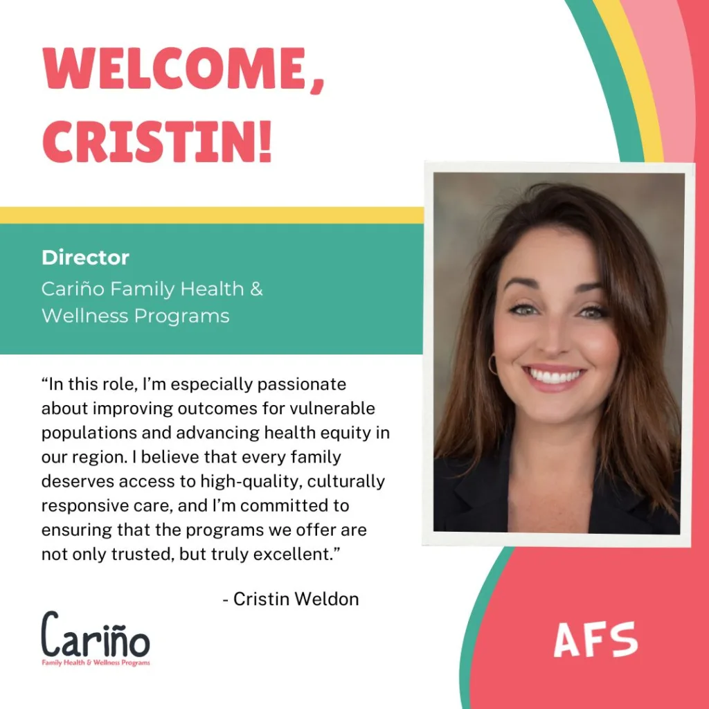 Announcement welcoming Cristin, Director of Cariño Family Health & Wellness Programs. A woman smiles in a photo with a quote.
