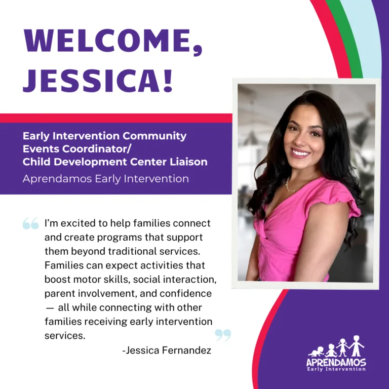Anuncio de bienvenida a Jessica. Mujer sonriente con un top rosa, el texto incluye "Coordinadora de Eventos Comunitarios de Intervención Temprana"."