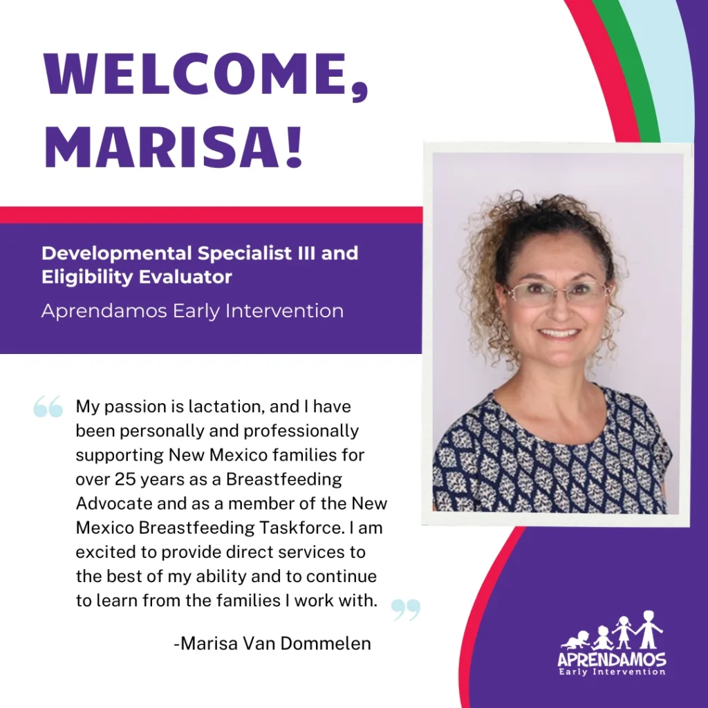 Welcome graphic for Marisa Van Dommelen, a Developmental Specialist III and Eligibility Evaluator at Aprendamos.