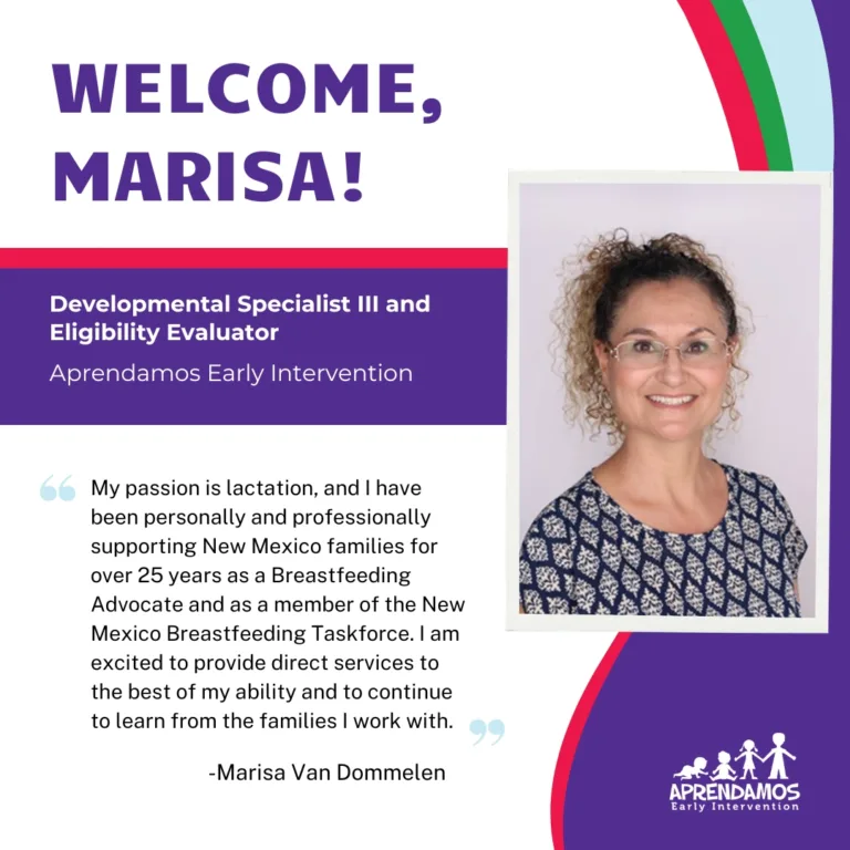Welcome graphic for Marisa Van Dommelen, a Developmental Specialist III and Eligibility Evaluator at Aprendamos.