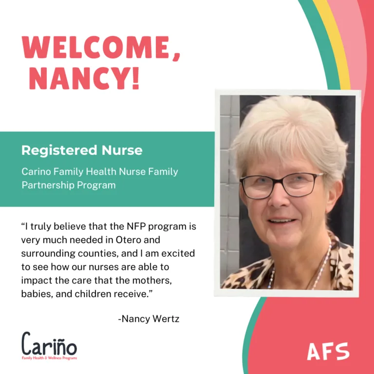 A welcome graphic for Nurse-Family Partnership recruit Nancy Wertz, featuring her portrait and a quote about her work.