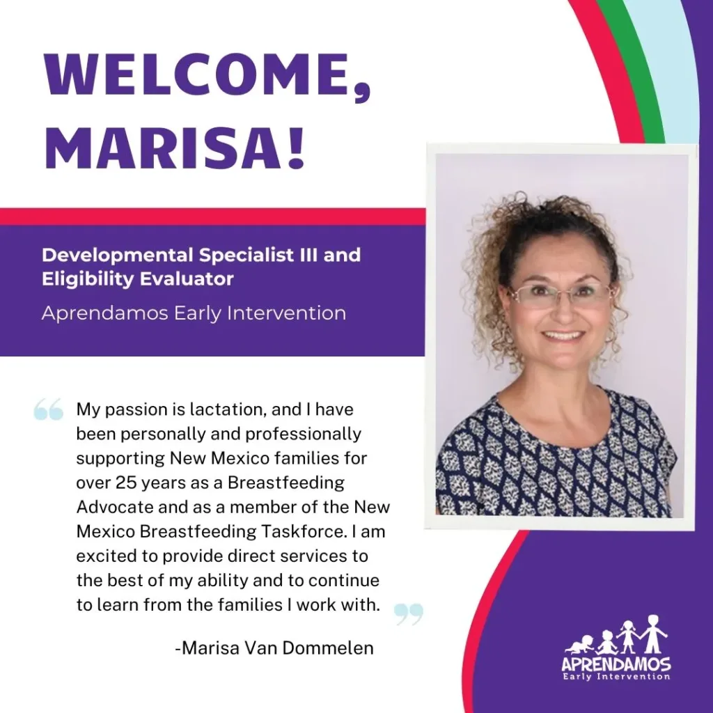 Welcome poster for Marisa, with purple text, portrait photo, and company logo on white background