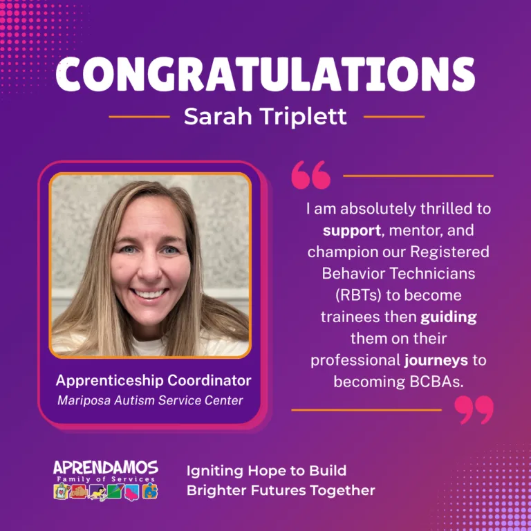Promotion graphic congratulating Sarah Triplett on becoming Apprenticeship Coordinator at Mariposa Autism Service Center